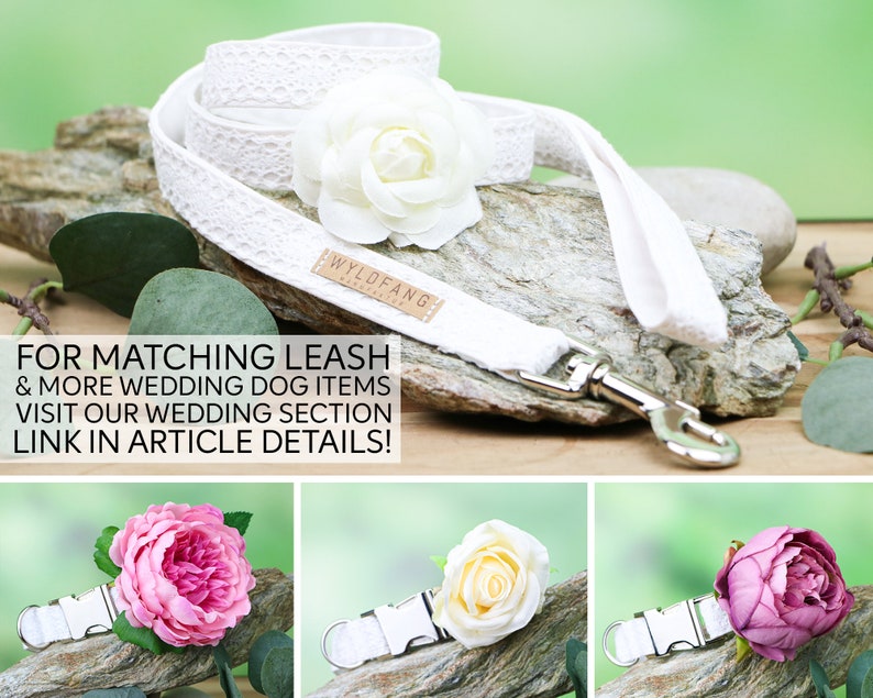 May include: White dog collar with a white lace design and a white flower. The collar has a silver buckle and a silver hook. The text "WYLDFANG" is printed on the collar. The collar is on a wooden surface.  FOR MATCHING LEASH & MORE WEDDING DOG ITEMS VISIT OUR WEDDING SECTION LINK IN ARTICLE DETAILS!