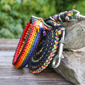 Rainbow dog collar & leash set, w. name tag, custom made, waterproof, handmade from Paracord®, adjustable, w. Leather or vegan Biothane®