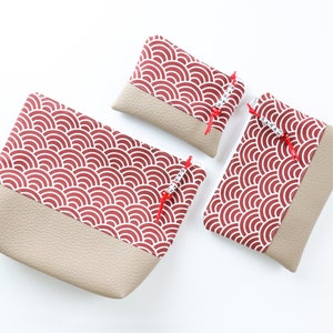Kosmetiktäschchen, Kosmetiktasche, Schminktäschchen, Schminktasche, Stoff, Kunstleder, vegan, rot, beige, mit Perle, personalisiert m. Name