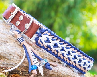 Personalized dog collar with name tag, handmade from gen. Paracord®, with real leather or vegan Biothane adapter, navvy blue-sand-white