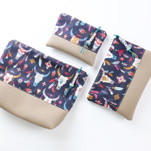 Boho-Stil Kosmetiktäschchenmit Stierschädel-Print, personalisiert Schminktäschchen mit Kunstleder, vegan, mit Perle,