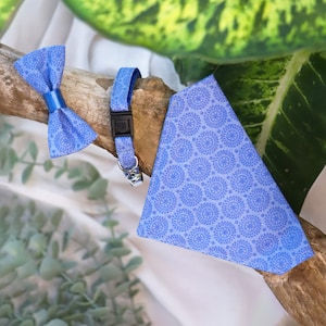 Cat collar, breakaway collar, light blue pattern, cat bandana, bow tie, kitten safty collar, also w. non-breakaway metal buckle