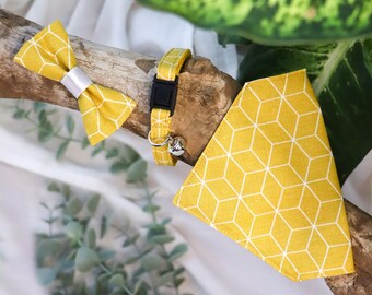 Honey yellow safety cat collar w. geometric print, cat bandana, bow tie, kitten safty collar, w. breakaway or non-breakaway buckle