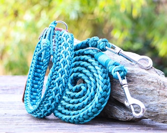 Dog collar & leash set, w. name tag, f. small or large dogs, handmade f. Paracord®, adjustable, w. Leather or Biothane®, petrol - turquoise