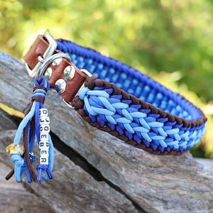 Custom dog collar with name tag, handmade from gen. Paracord®, with real leather or vegan Biothane®, brown - navy - blue - light blue