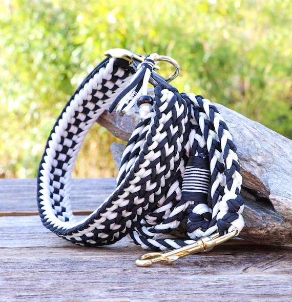 Hundeleine u. Hundehalsband Set, personalisiert m. Name, Paracord®, Leder o. vegan, wasserfest, f. kleine & große Hunde, schwarz-weiß