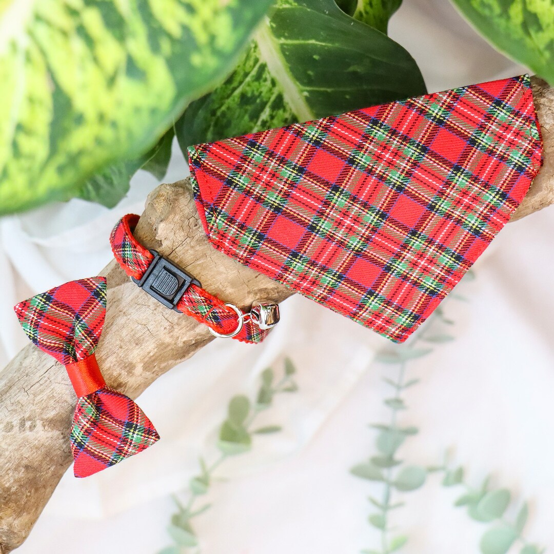 Red and Green Checkered Breakaway Cat Collar, Kitten Collar, Bow Tie or ...