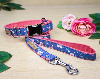 Floral dog collar and leash set Ethno |  Boho dog leash set | rose flower fabric | vintage | plug quick release buckle | adjustable