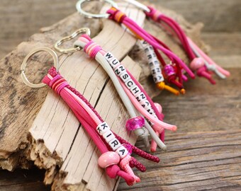 Custom name tag - key chain - key fob, waterproof, handmade from gen. Paracord®, various options, pink-rose-fuchsia-silver-orange-bordeaux
