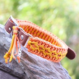 Custom dog collar w. name tag, handmade from gen. Paracord®, with real leather or vegan Biothane®, orange gelb