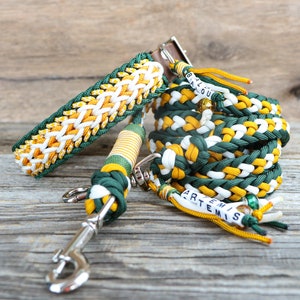 Dog collar and leash set, w. name tag, custom made, waterproof, Paracord®, adjustable, w. Leather or vegan Biothane®, emerald green - yellow