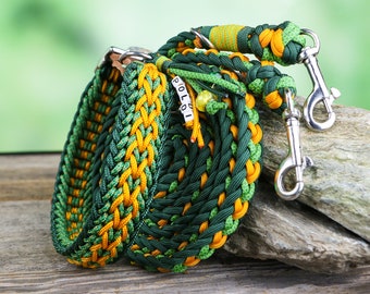 Dog collar and leash set, name tag, handmade from gen. Paracord®, adjustable, w. Leather or vegan Biothane®, emerald green - honey yellow