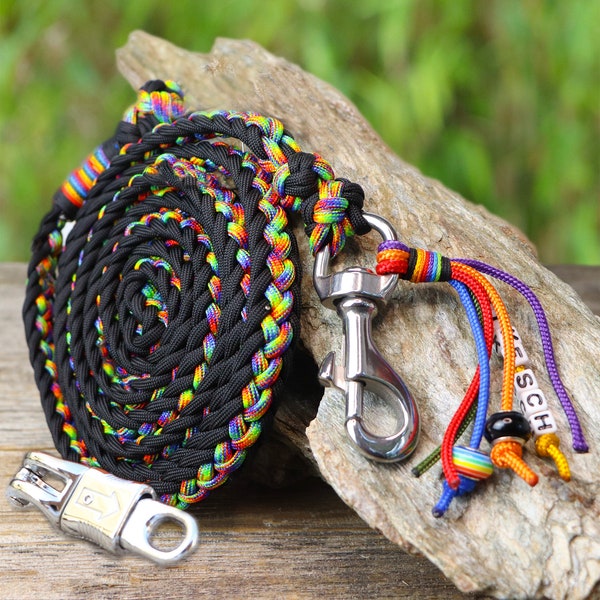 Custom horse tack w. name tag, personalized rainbow lead rope for pets, hand braided fr. Paracord®, w. panic h. or carabiner hook