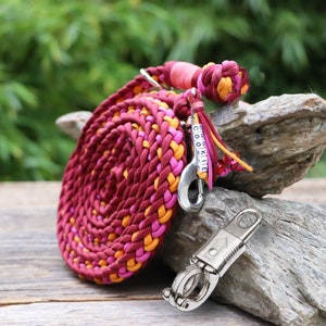 Custom horse tack with name tag, personalized lead rope for pets, with panic hook or carabiner hook, bordeaux-pink-orange