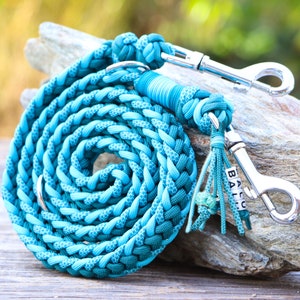 Personalisierte Hundeleine, Tauleine aus Paracord®, mit Namen, wasserfest, verstellbar, vegan, 1,10 m / 1,5m / 2,0m, ombre türkis-petrol
