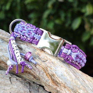 Custom dog collar w. name tag a. quick release buckle, made from Paracord®, vegan, waterproof, purple - lilac, matching leash sold seperat.