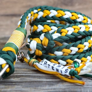 Rope dog leash with name tag, waterproof, handmade from gen. Paracord®, adjustable, vegan, various length, emerald green-honey yellow-white