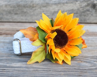 Hochzeits - Hundehalsband mit Sonnenblume und weißer Spitze, größenverstellbar