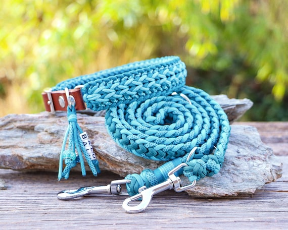 Hundeleine u. Hundehalsband Set, mit Name, handgemacht aus Paracord u.  Leder o. Biothane, wasserfest, kleine & groe Hunde, trkis-petrol - Etsy  Schweiz
