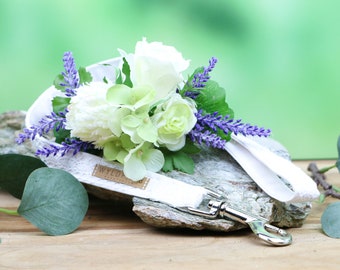 Vitt hundkoppel för bröllop med vit spets / valfri rosenapplikation / vita blommor och lavendel