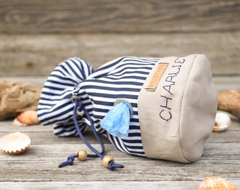 Maritime dog treat bag with optional name embroidery and poop bag holder, personalized, blue and white stripes