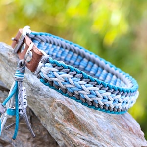 Multi-size dog collar made from genuine Paracord®, w. name tag & leather adapter or Biothane®, light blue-grey-silver-petrol