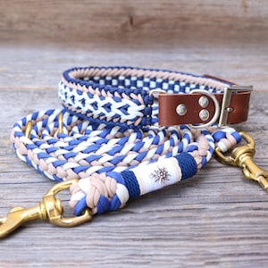 Dog collar and leash set, with name tag, custom made, waterproof, handmade from gen. Paracord®, adjustable, w. Leather or vegan Biothane®