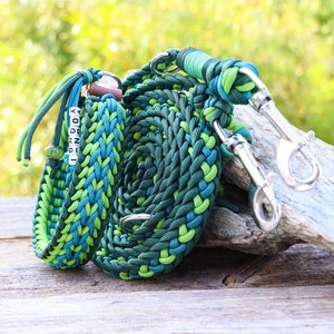 Dog collar and leash set with name tag, custom made, waterproof, with Paracord® and leather or vegan Biothane®, green-petrol-turquoise