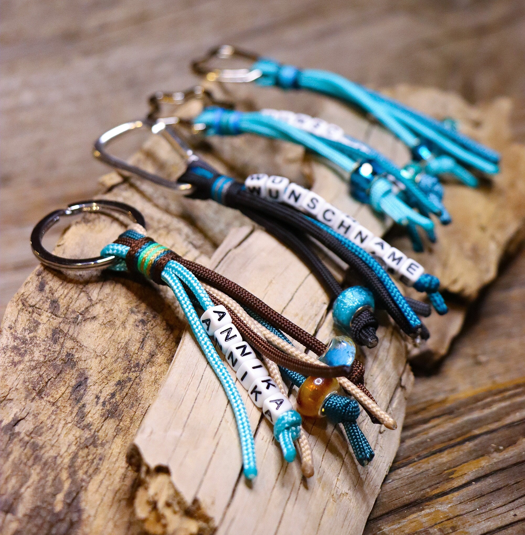 Custom name tag - key chain - key fob, waterproof, handmade from gen. Paracord®, various options, petrol-turquoise-brown-grey