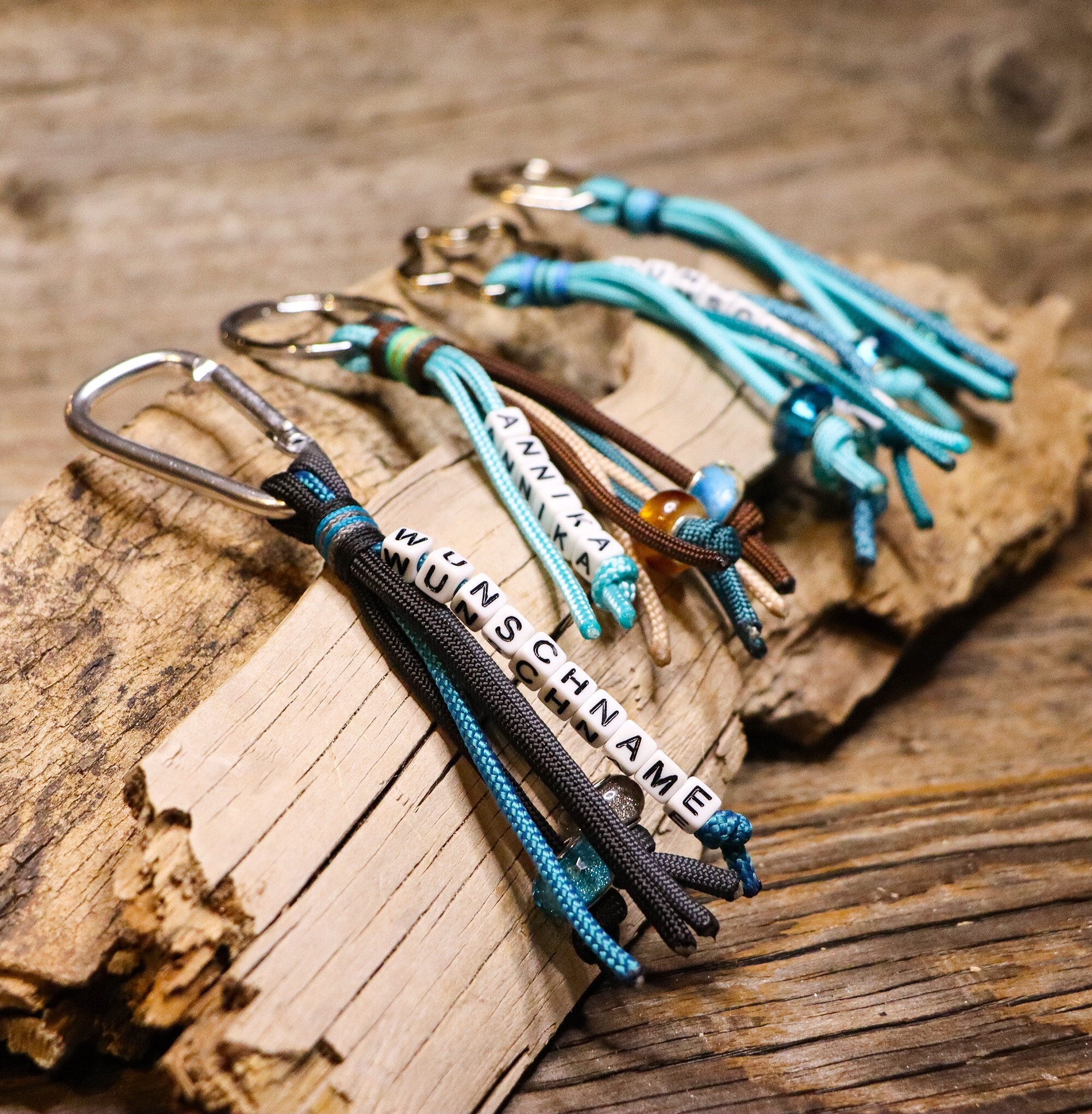 Custom name tag - key chain - key fob, waterproof, handmade from gen. Paracord®, various options, petrol-turquoise-brown-grey