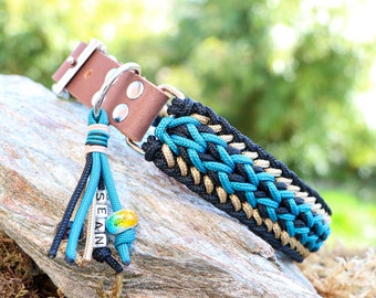 Custom dog collar made from genuine Paracord®, w. name tag, leather or biothane® adapter, turquoise - gold - black