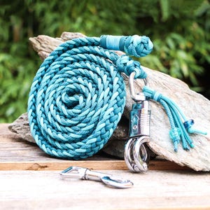 Braided paracord horse lead rope,with panic hook or carabiner, colour: turquoise - petrol, handmade, with name tag