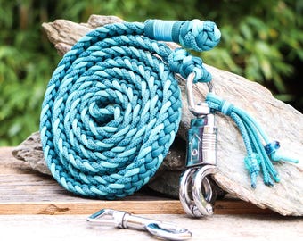 Braided paracord horse lead rope,with panic hook or carabiner, colour: turquoise - petrol, handmade, with name tag