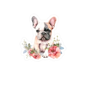 Niedliche Französische Bulldogge Kiss-Cut Vinyl Aufkleber, Blumenhund Aufkleber, Haustier Liebhaber Geschenke, Laptop Dekor, Hundemutter Geschenke