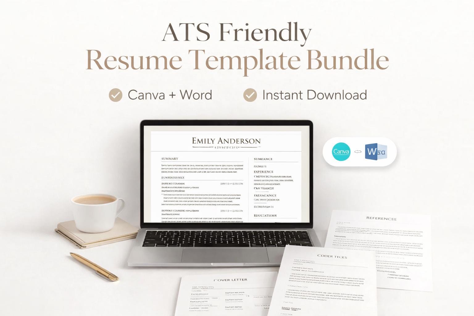 ATS Friendly Resume Template Bundle, Canva Word Cover Letter (digital ...