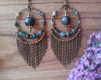 Medium Boho Hoop earrings; Unakite and India Agate beads