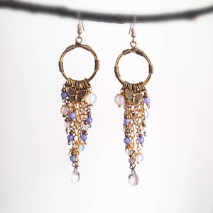 Colourful butterfly earrings / Handmade jewelry / Bronze natural gemstone earrings / Blue and white dangle earrings / Women&#39;s Earrings