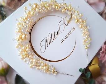 Gold Leaf Ivory Cream Pearl Padded Headband Hair Band Head  display picture 3