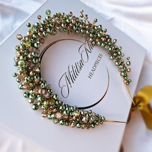 Seige Green and Gold Handmade Hairpiece / Pearl headband / Wedding hair accessories / Formal event hair jewelry / Olive green Headpiece