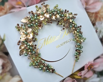 Olive green flower Headband,  Gold Headpiece,  Wedding hair jewellery,  Statement headband