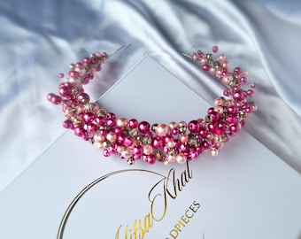 Fuchsia, Pink & Gold Headband /  Luxury Headpiece / Pearl Headband / Hair accessories / Prom hair jewelry / Bridesmaid headband / hair comb