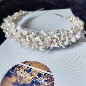 Diadema blanca y rosa / Tocado de boda / Diadema de dama de honor nupcial / Diadema de perlas / Accesorios para el cabello / Joyería para el cabello / Invitada a la boda