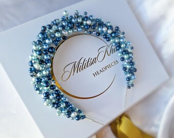 Handmade Swarovski  Blue Crystal Beaded Headband  Jeweled Hair Accessory Hand Made Hair Jewelry swarovski crystal Bow Headband, Blue  main image 2