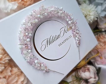 Diadema de boda con cuentas rosas y blancas, accesorio para el cabello de novia