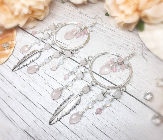 Handmade Dreamcatcher Earrings: Rose Quartz & Opalite, Silver Feather