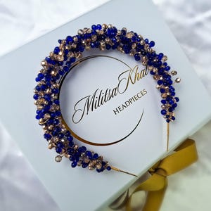 Royal Blue and Gold Headpiece / Handmade Metal Headband / Beaded jewelry / Hair Jewellery / Hairpiece / Diadema / Tiara / Women&#39;s accessory