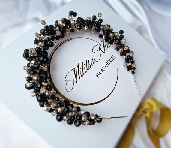Black & Sparkly Gold Pearl Headband / Bridesmaid Wedding  display picture 3