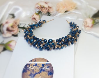 Dark Blue & Gold Headband / Pearl headpiece / Formal jewellery / Hair accessories/ Womens jewelry Wedding headpiece / Statement hairpiece