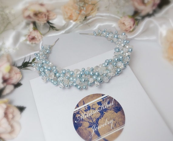 White & Blue Headband/ Wedding Hair Jewelry/ Hair  display picture 2