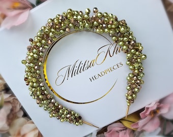 Handmade Seige Green Pearl Headband, Gold Wedding Hairpiece
